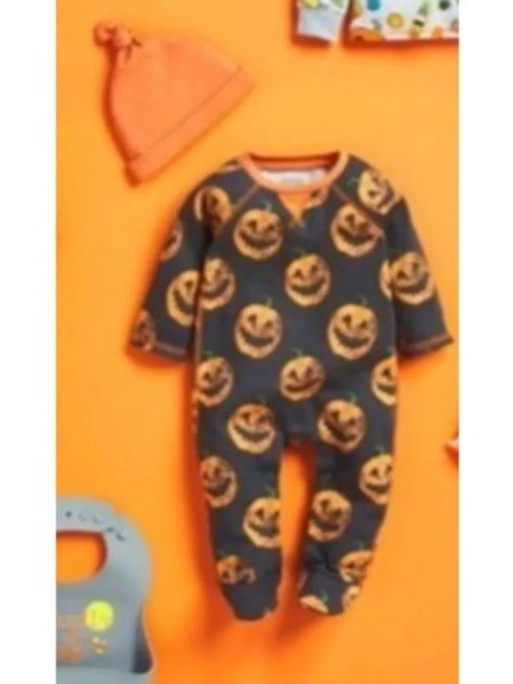 Mud Pie 6m 9m NWT Pumpkin JACK-O-LANTERN sleeper hat Set Halloween black orange